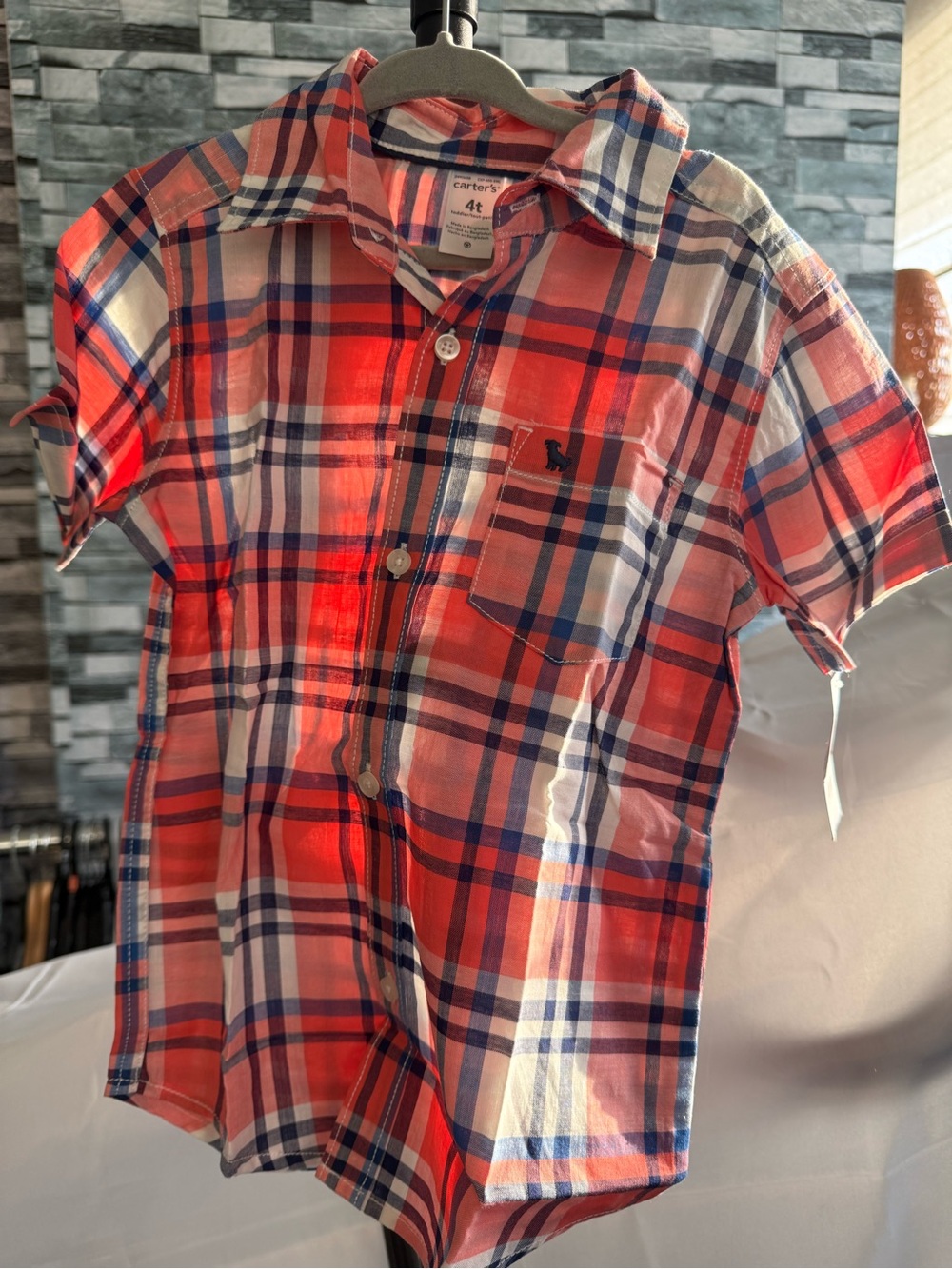 Carter's Coral/Blue Plaid Short-Sleeve Button-Up Shirt